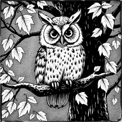 a wise owl sitting on a tree branch, surrounded by autumn leaves