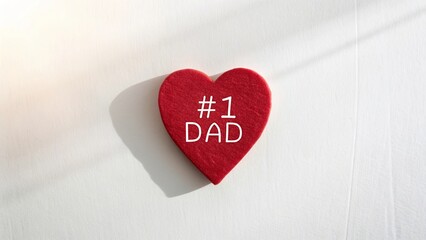 Red felt heart with #1 Dad lettering casting shadow on soft white background