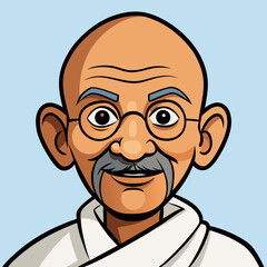 Cartoon Portrait Of Mahatma Gandhi With Round Glasses And White Shawl On A Blue Background