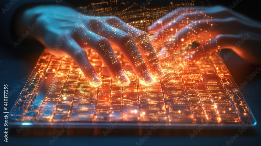 Poster hands typing on a glowing keyboard in dark space