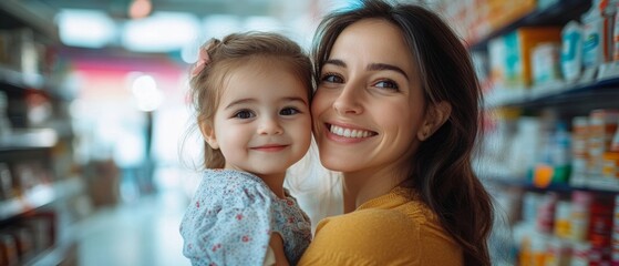 Mom and daughter in supermarket, hugging and smiling. Great for family, household or promotional material.