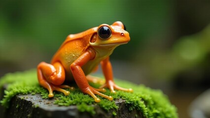 Obraz premium Vibrant Orange Amphibian Perched on Lush Green Moss, Exhibiting Striking Eye Detail and Smooth Skin Texture