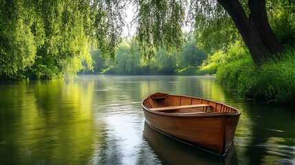 Serene Wooden Rowboat Floating on Calm River Surrounded by Lush Green Treescape