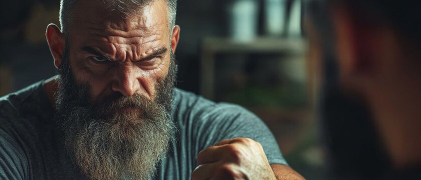 Man with beard in gray shirt with serious expression...Portraits, illustrations for articles about personal growth, covers of books about psychology.
