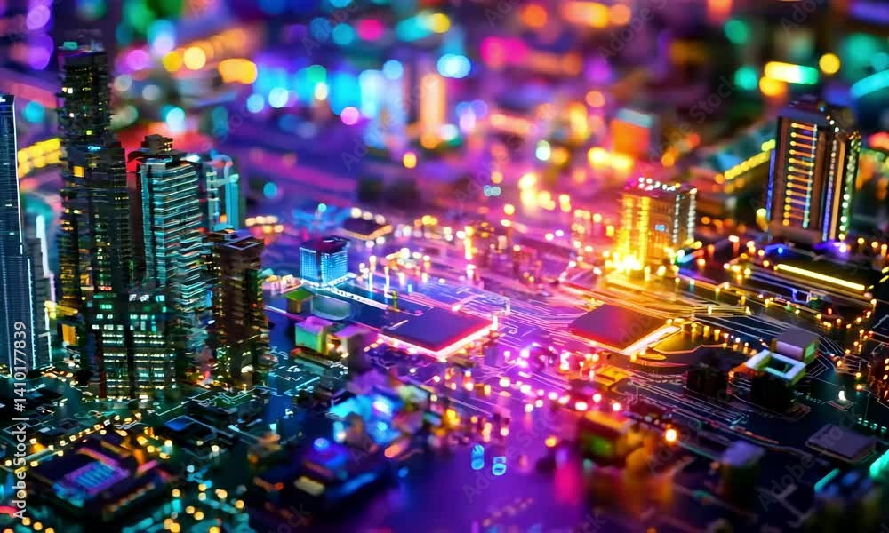 Poster a futuristic cityscape built on the patterns of a circuit board illuminated in neon colors