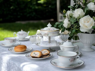 Elegant tea party with antique china and garden parasols