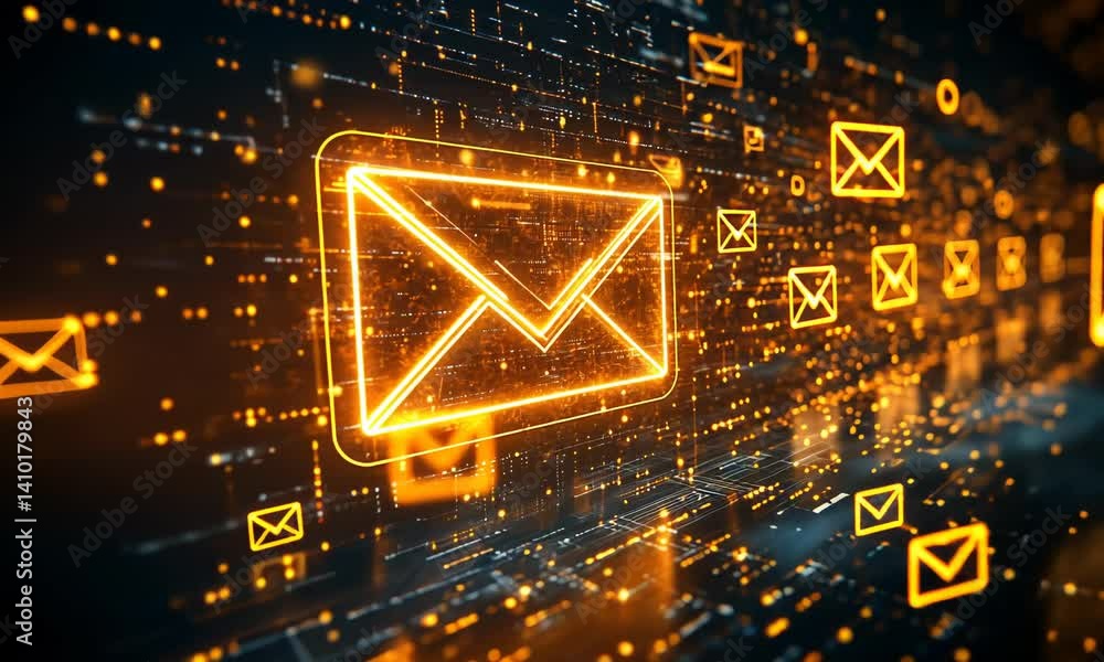 Poster digital email symbols on a data stream background.