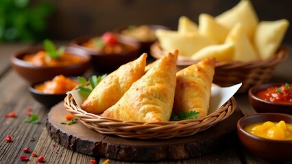 Golden Brown Savory Pastries Served with Vibrant Dipping Sauces on Rustic Wooden Table