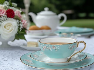 Fototapeta premium Elegant tea party with antique china and garden parasols