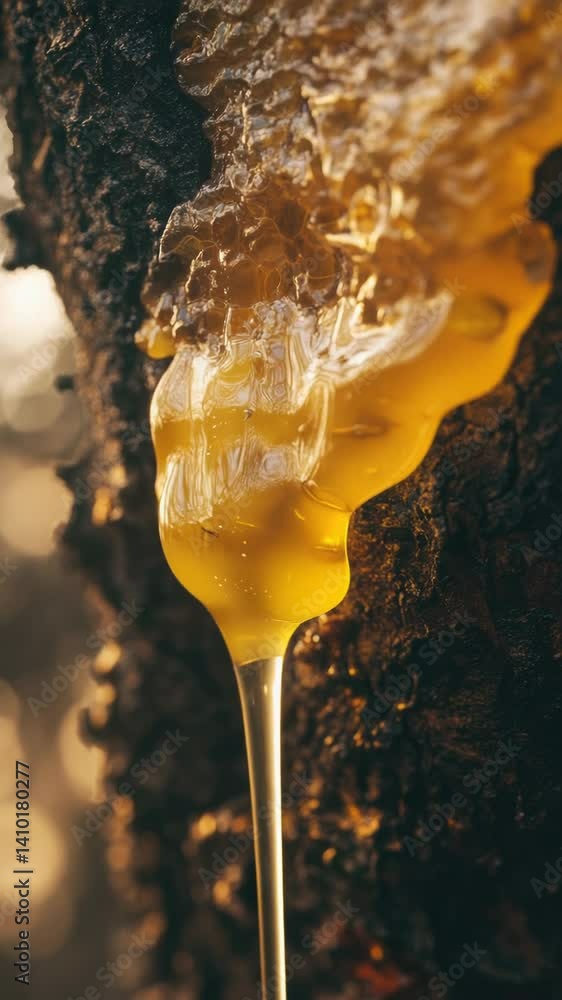 Poster close-up of yellow substance on a tree trunk, suitable for nature and science illustrations.