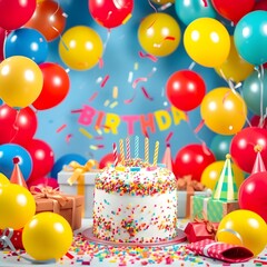 Festive White Birthday Cake with Colorful Balloons and Birthday Text