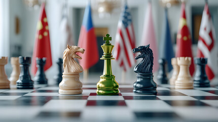 Strategic Diplomacy: Chess pieces positioned on a chessboard with flags in the background. Representing political negotiation.
