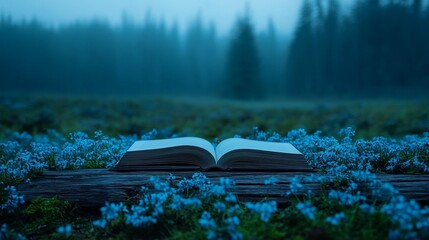 Open book in a field of flowers at dawn