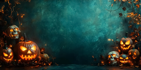 Haunted Halloween Gathering: Glowing Jack-o'-Lanterns and Skulls in a Moody, Dark Setting with Twinkling Lights and Autumnal Vines