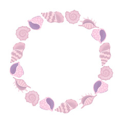 Round frame with hand drawn seashells in purple colors. Design element for for greeting card, invitation, decor	
