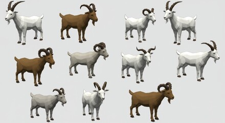 Fototapeta premium Collection Of Brown And White Goats Pixel Art 3D Models