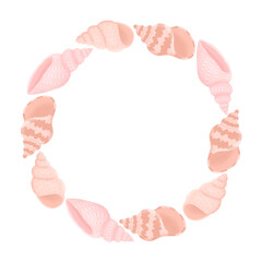 Round frame with hand drawn seashells in pink colors. Design element for for greeting card, invitation, decor