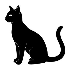 Elegant Black Cat Silhouette Sitting With Alert Expression Looking Sideways Depicting Mystery And Feline Charm Isolated On White Background