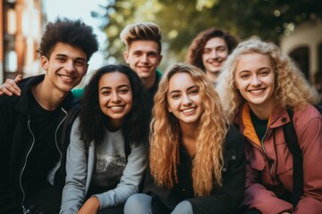 Obraz premium Portrait of a smiling diverse group of students Infront of university in USA