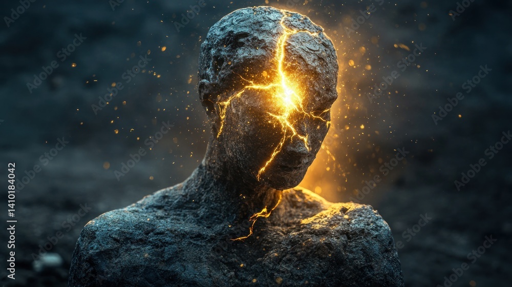Poster illuminated statue with cracks in a dark setting