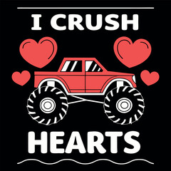 I Crush Hearts Monster Truck Valentine's Day T-Shirt for Kids. © Design Planer