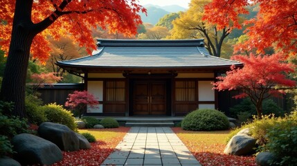 Autumnal Serenity A Tranquil Garden Path Leading to a Traditional Wooden Structure Surrounded by Vibrant Red and Gold Foliage
