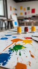 Paint party with splashes of color and canvases all around