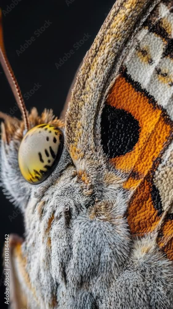 Poster a close-up shot of a moth's face with a distinctive yellow eye.