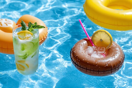 Pool party with floaties, DJ, and colorful cocktails