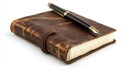 A leather-bound journal with a pen placed on top, isolated on a white background