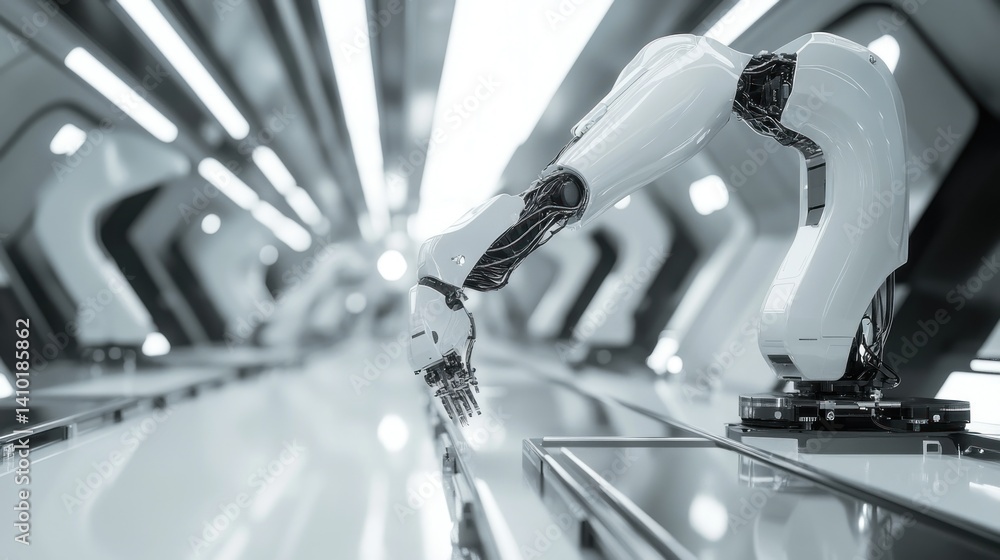 Aufkleber futuristic robotic arm on assembly line: advanced technology and automation in modern factory