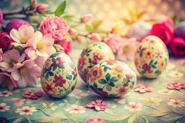 Fototapeta premium Vintage Spring Watercolor Floral Easter Eggs: Relaxing Pastel Art
