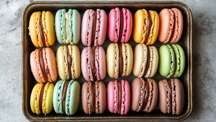 Colorful Macarons in a Baking Tray A Delightful Pastel Arrangement