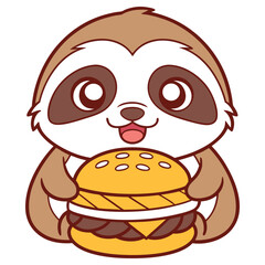 Cute Sloth Holding Burger Cartoon with Tongue Out on Transparent Background
