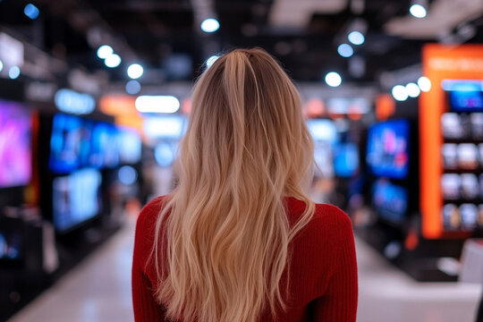 Shopping for electronics in a bustling store environment with various displays and bright lighting