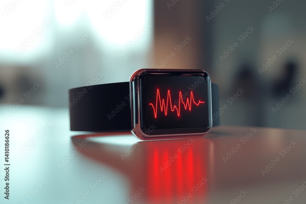 Poster smartwatch displaying heartbeat data on a reflective surface in a modern environment