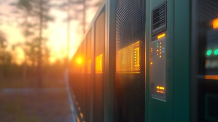 A modern data center featuring advanced cooling technologies and renewable energy sources to reduce carbon footprint effectively.