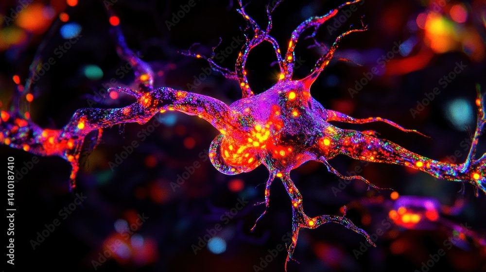 Poster a vibrant depiction of a neuron with intricate branches and glowing synapses, illustrating its vital