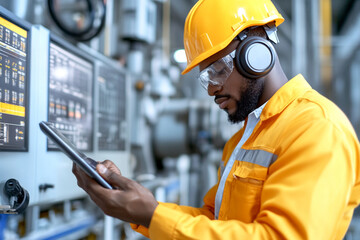 Factory employee engaging in quality control checks amidst a bustling industrial environment