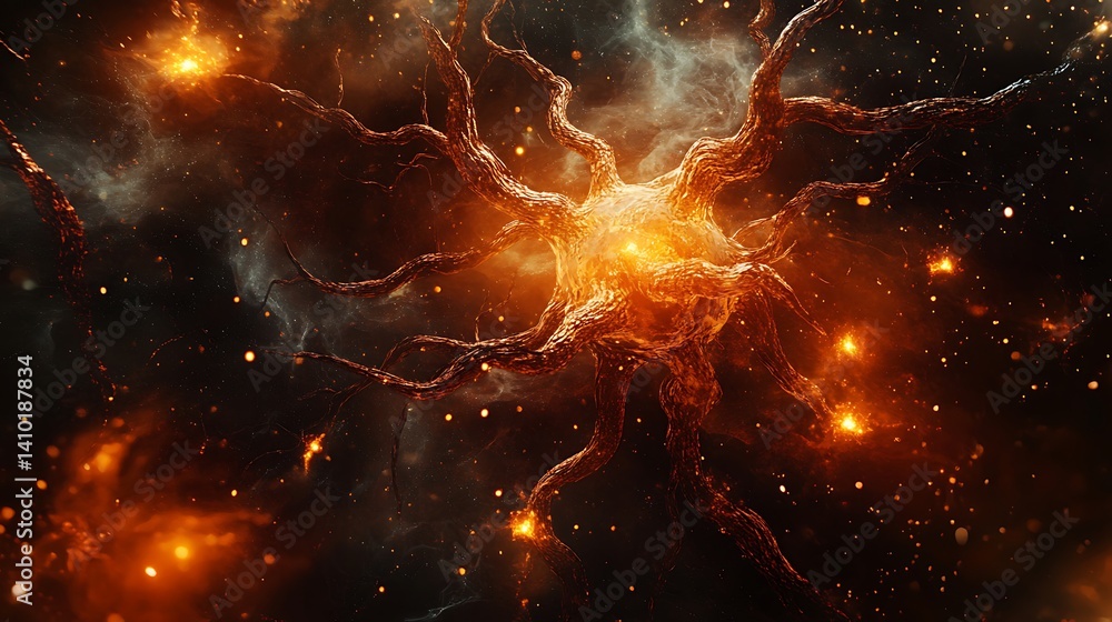 Poster a vibrant depiction of a neuron with intricate branches and glowing synapses, illustrating its vital