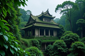 Naklejka premium Ancient Temple Rooftop Hidden Above Dense Jungle Canopy in Ruins
