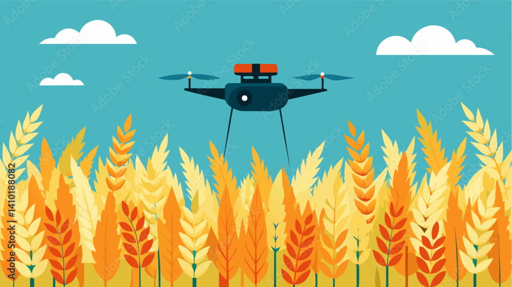 Poster in a wheat field a small autonomous drone flies in a predetermined pattern carefully examining the h