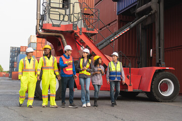 Happy business people engineer and worker team in industry containers yard, Success teamwork...