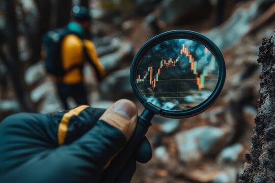 Hiking, stock market graph, viewed through magnifying glass, wilderness background