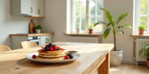 Delicious Pancakes Topped with Berries and Bacon on a Sunny Kitchen Table