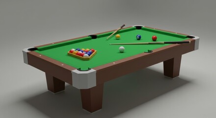 Low Poly Billiards Table with Balls and Cues on Green Felt