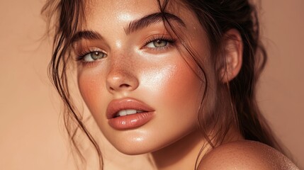 Obraz premium A beautiful woman with styled hair and radiant makeup looks