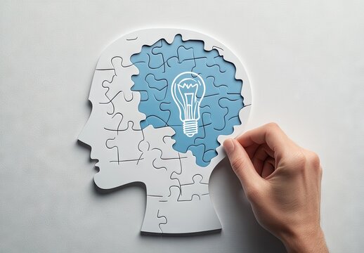 Puzzle head with lightbulb, representing  innovation and problem-solving.  A hand completes the jigsaw puzzle, symbolizing the process of finding the solution