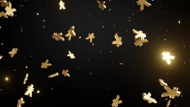 3D golden Yen (&yen;) currency symbols falling down on a dark background. Represents Japanese money, financial transactions, global trade, or investment themes.