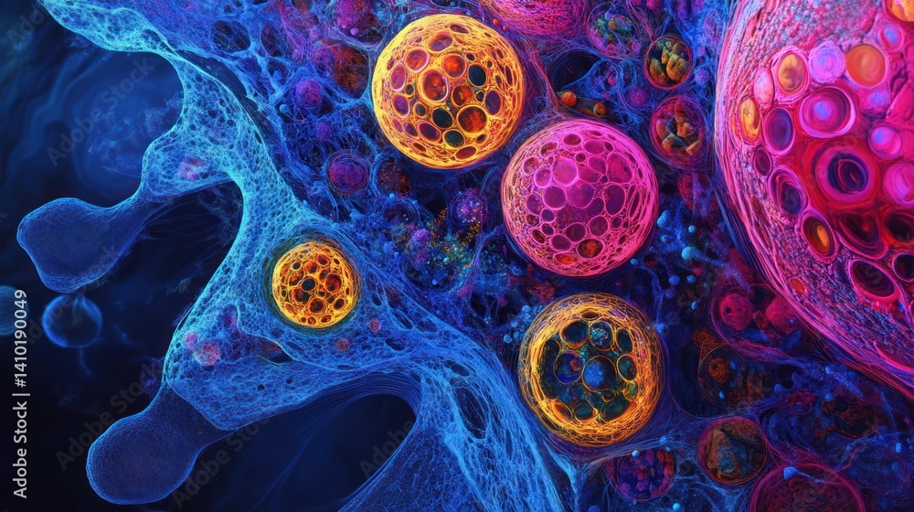 Poster a vibrant, microscopic view of cellular structures, displaying dynamic patterns and the beauty of bi
